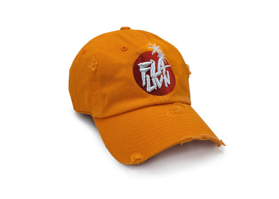 Damage orange dad hat with red and white logo .