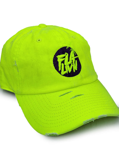 Damage Neon green dad hat with purple and neon logo .