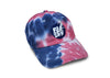 Tie Dye dad hat with blue and white logo.