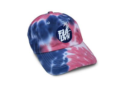 Tie Dye dad hat with blue and white logo.