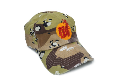 Damaged camo hat with red and orange logo.