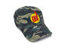 Damaged camo hat with gold and red logo.