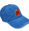 Blue jean dad hat with gold and red logo .