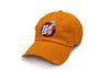 Damage orange dad hat with red and white logo .