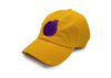 Damaged Gold dad hat with purple logo.