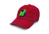 Damaged red dad hat with blue and neon logo.