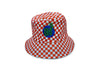 Checkered Orange and white bucket hat with blue and green logo.