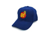 Blue fitted hat with red and yellow logo .