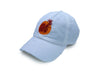 Damage white dad hat with red and orange logo .