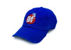 Blue damaged dad hat with white and red logo.