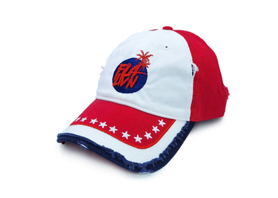 Red white and blue dad hat with blue and red logo.