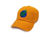 Damaged orange dad hat with green and blue logo