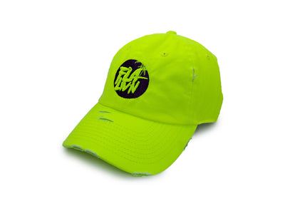 Damage Neon green dad hat with purple and neon logo .