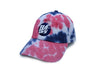 Tie Dye dad hat with blue and white logo.