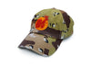 Damaged camo hat with red and orange logo.