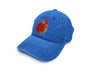 Blue jean dad hat with gold and red logo .