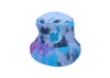 Tye Dye bucket hat with sky blue and white logo.