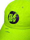 Damage Neon green dad hat with purple and neon logo .